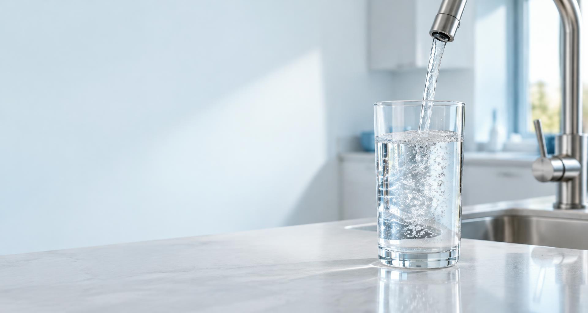 Ein Glas mit frischem Wasser wird an einem Küchenwasserhahn gefüllt – Illustrationsbild